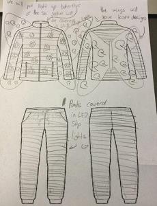  Student sketched design for light suit showing front and back of the suit with written annotations. 