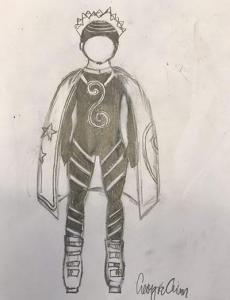 Student sketched design for light suit showing a front view. 
