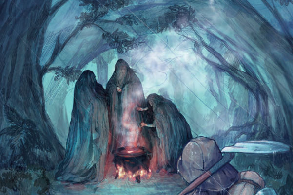 Explorer comes across three hooded figures huddled around cauldron on fire