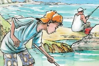 An illustration of a boy fishing in a rock pool