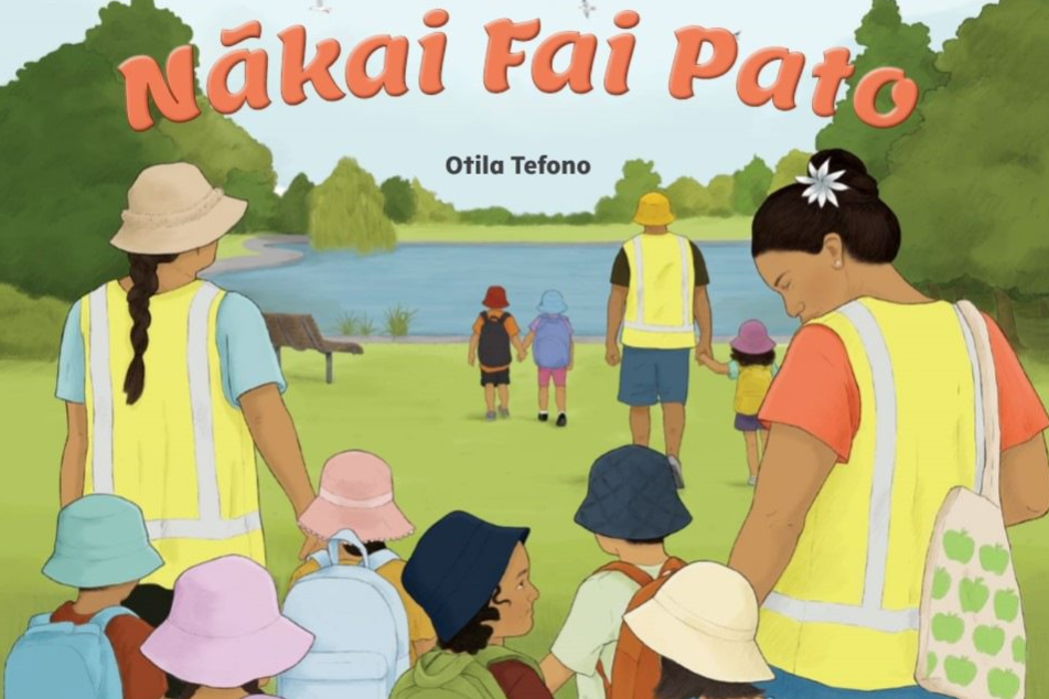 kaiako and children walking towards the pond on the cover of the book