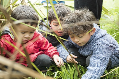 Three children looking in the grass at something they have found.