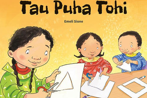 Three children cutting out shapes from paper on the cover of the book