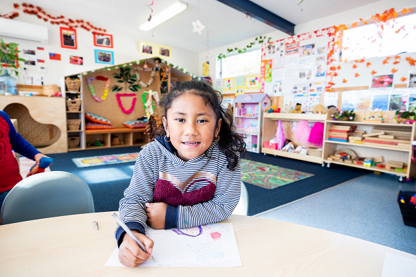 A child sitting at a desk with a piece of paper drawing