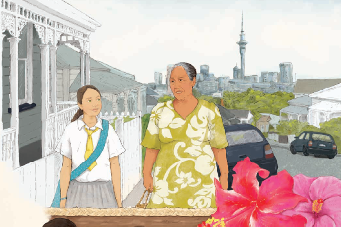 Si'aula a teenager is walking with her grandmother to school along a street in Auckland.