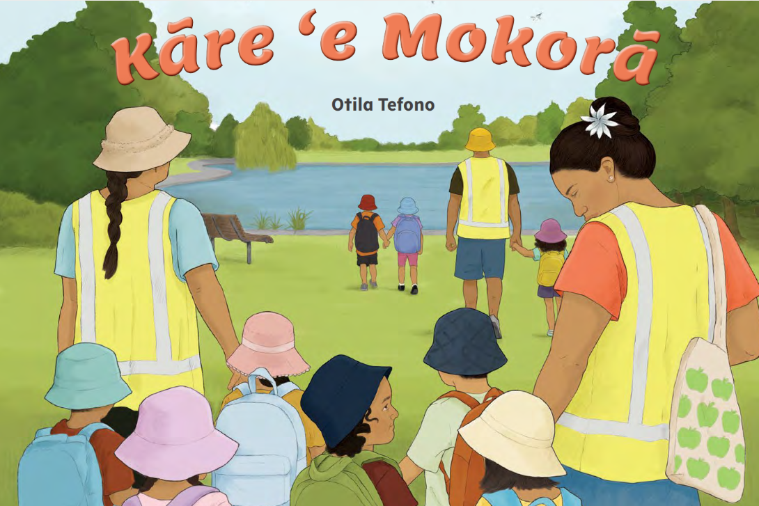 kaiako and children walking towards the pond on the cover of the book