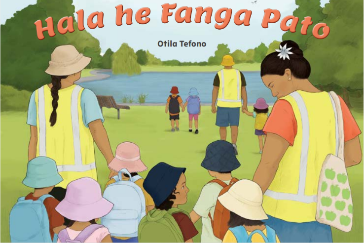 kaiako and children walking towards the pond on the cover of the book