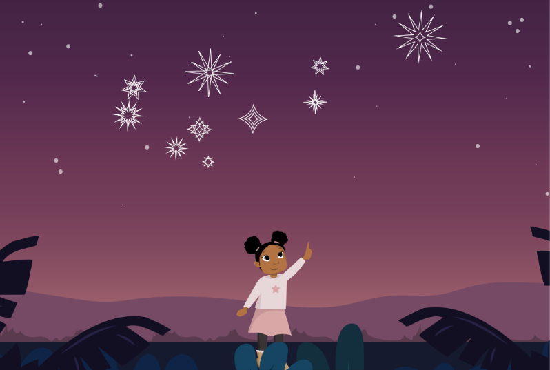 An illustration of a girl pointing to the stars.