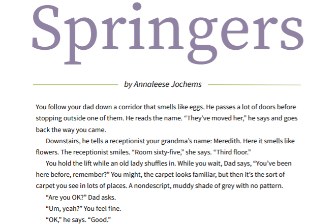 large 'Springers' heading in purple font