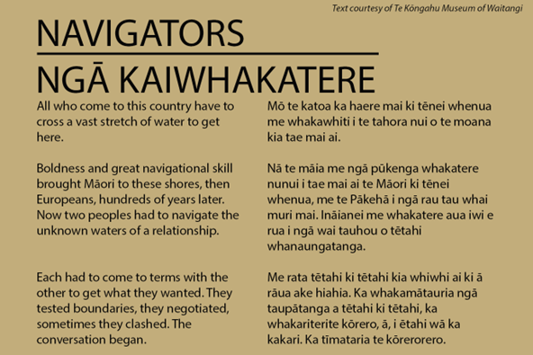 Image of Navigators | Ngā Kaiwhakatere text at the entrance of Te Kōngahu Museum of Waitangi – see text version below