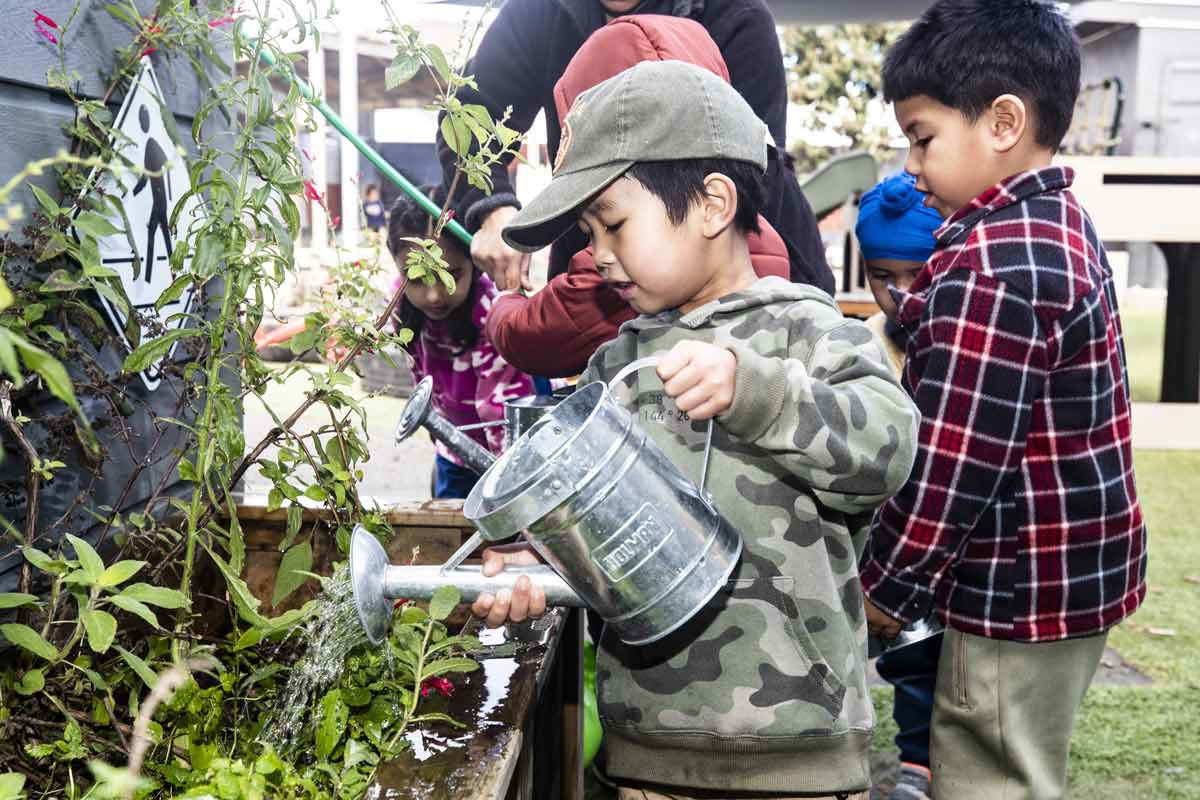 Tamariki caring for their garden by watering it by hand