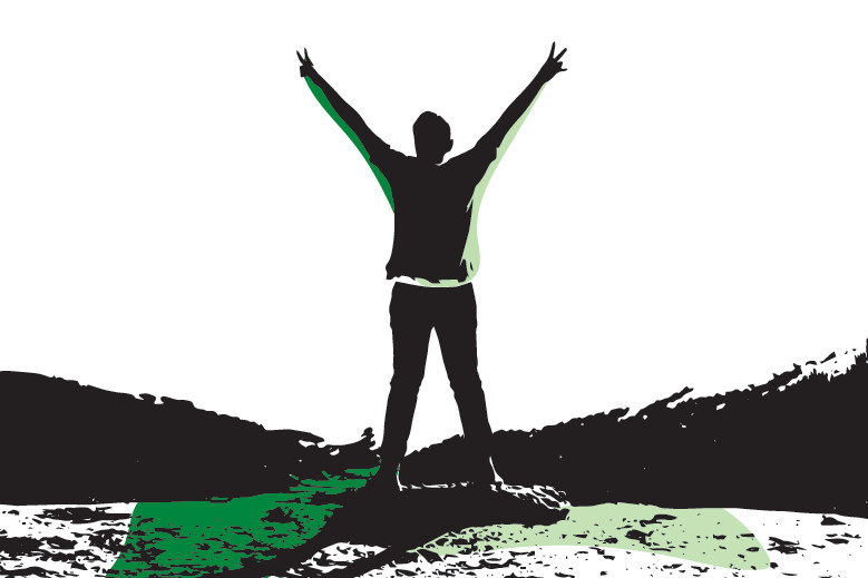 Silhouette of a teenager standing with arms outstretched, making peace signs with both hands.