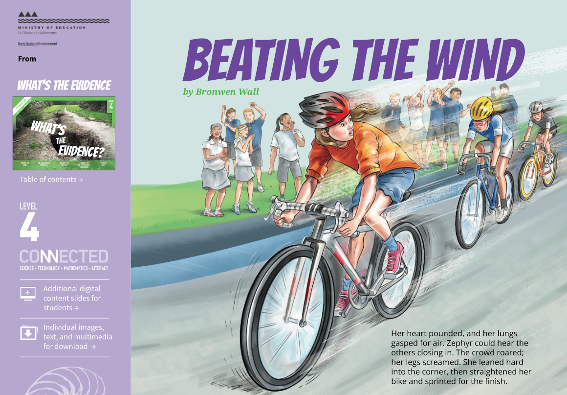 Illustration of Zephyr on a bike, leading a race with two other racers behind her and a cheering crowd in the background. The title "Beating the Wind" is displayed.
