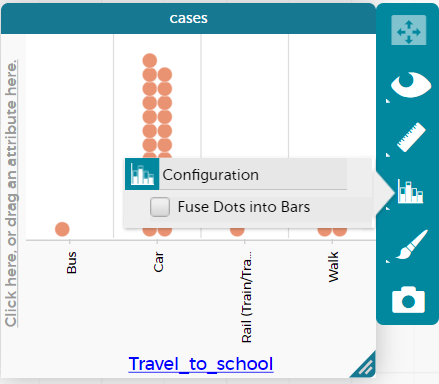 CODAP screen showing where to select “fuse dots into bars”.