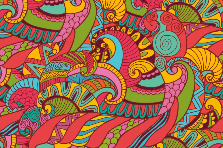 A swirling pattern of colourful koru