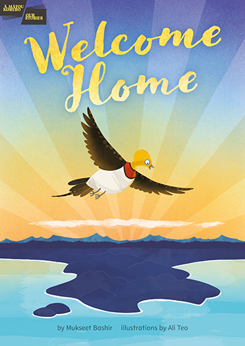 Book cover of Welcome Home which depicts an illustration of a painted bird flying high across the sky over land and sea. 