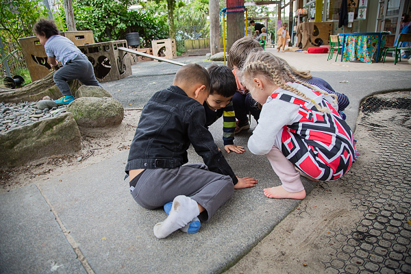 A group of children are gathered around an insect on the concrete outside.