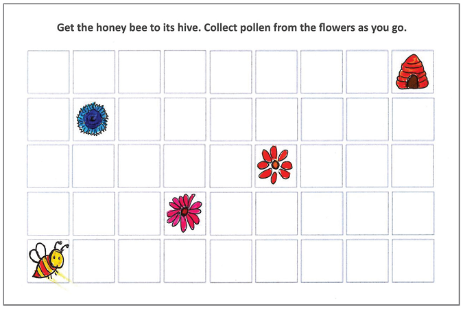 Honey bee, flower, hive grid.