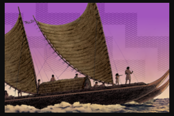 A boat sailing with a purple sky as the background