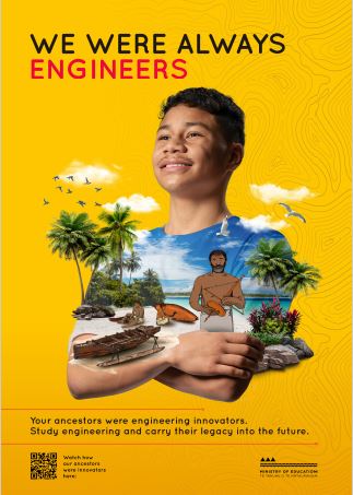 A photo of a boy with an illustration of a Pacific Island scene and a man building boats superimposed on his chest.