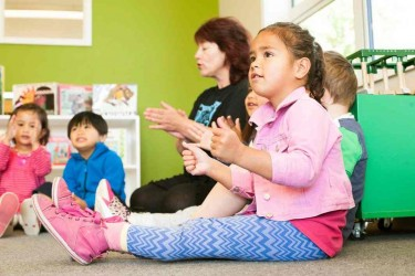 Children sitting on the floor with a teacher learning a song with hand actions.