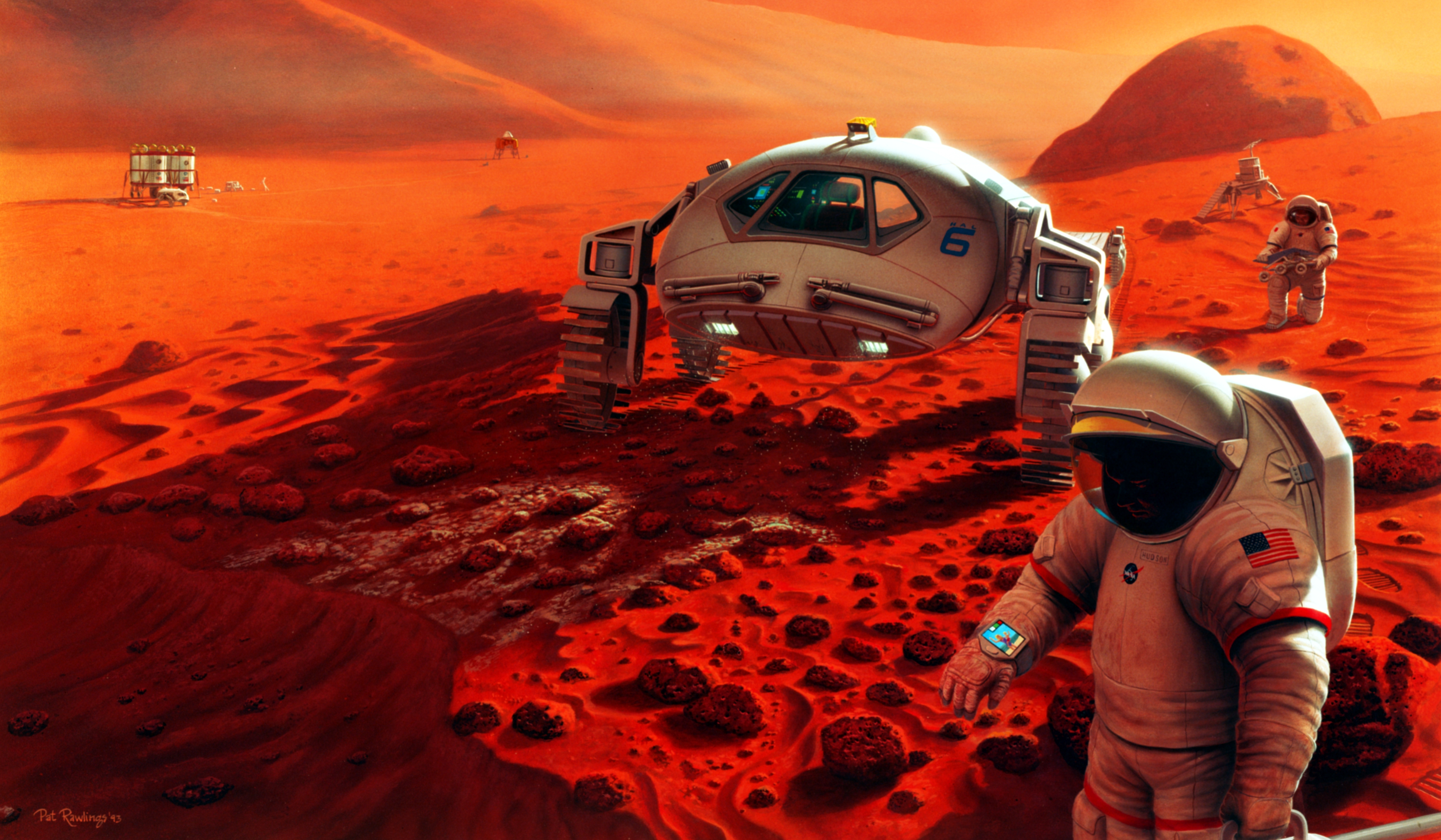 Illustration of two astronauts and a rover sitting on mars. 
