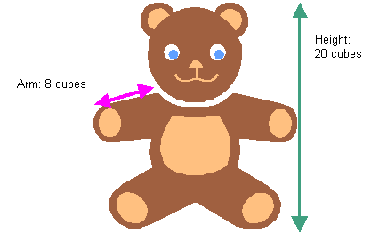 A teddy bear with an arm length of 8 cubes and a height of 20 cubes