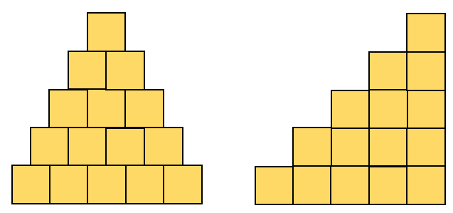 15 cubes stacked in a triangle with 5 on the bottom, then 4, 3, 2, then 1. The left triangle has each row of cubes overlapping with those below. The right triangle has cubes directly above those below