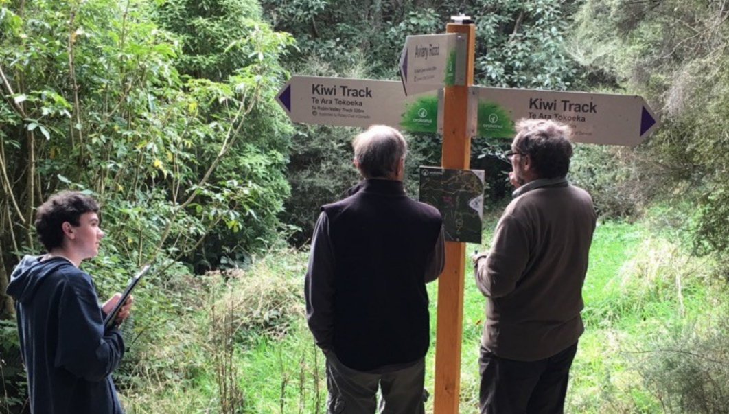 Three people stand at a tramping trek direction sign.