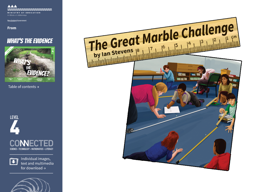 Illustration of children rolling marbles down a ramp, and measuring the distance. The title "The Great Marble Challenge" is displayed on a ruler.