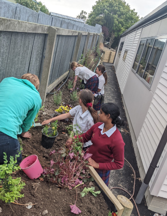 Students planting in a garden along the school fence.