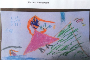 Drawing by child from a traditional story showing Sita and the mermaid.