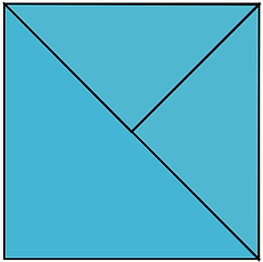 A square cut into three pieces. One cut is made from the bottom right corner to the top left corner. Another diagonal cut is made from the middle of the previous cut to the top right corner.