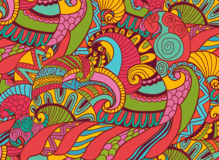 A swirling pattern of colourful koru.