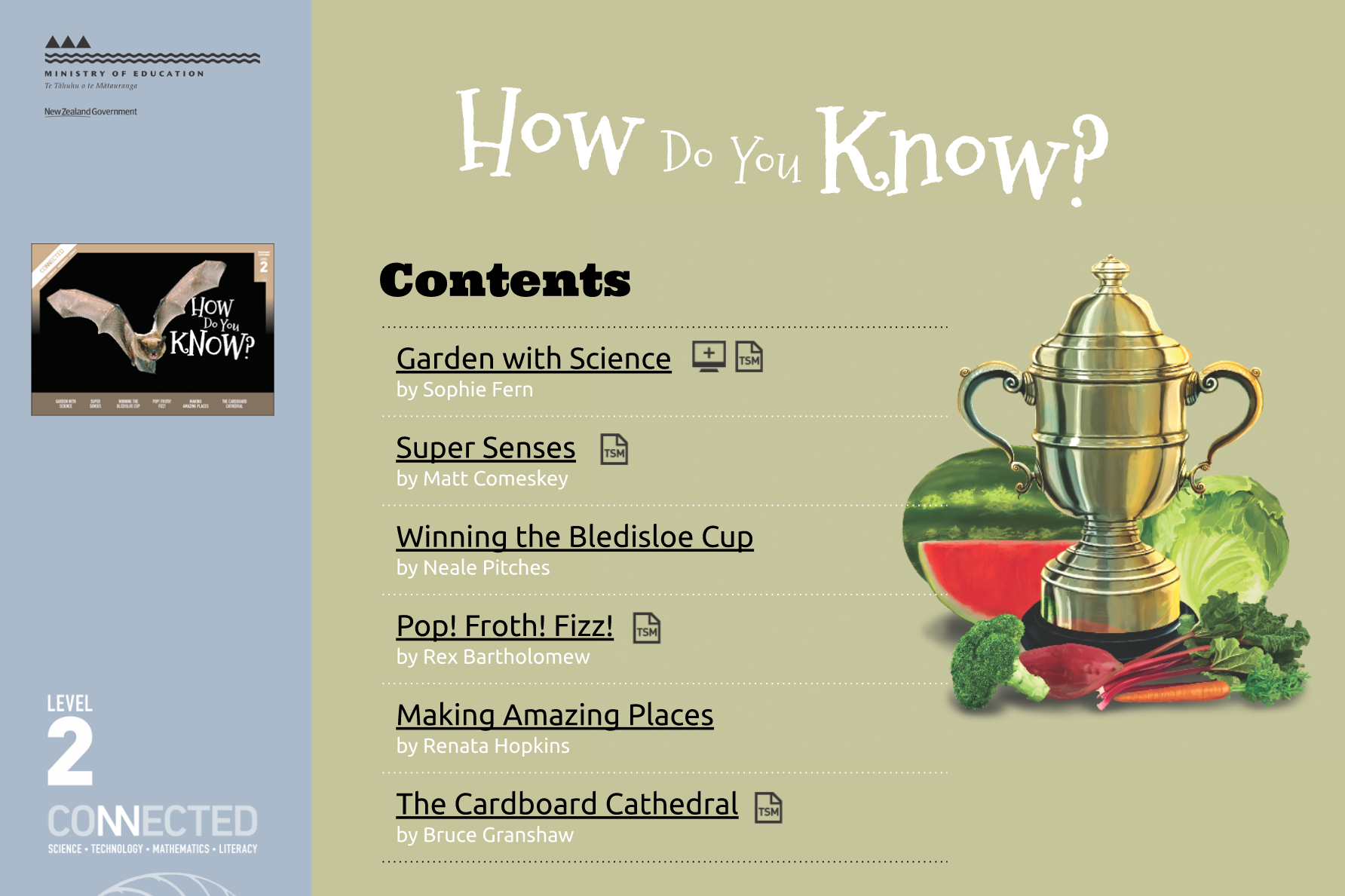 "How Do You Know?" contents list with an image of a gold trophy placed in front of fresh fruits and vegetables