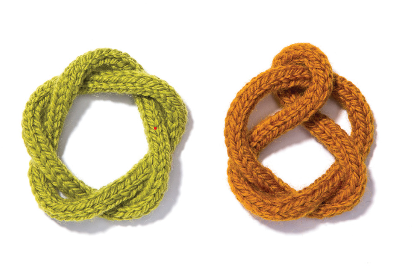 Picture of two knitted knots one green and one orange