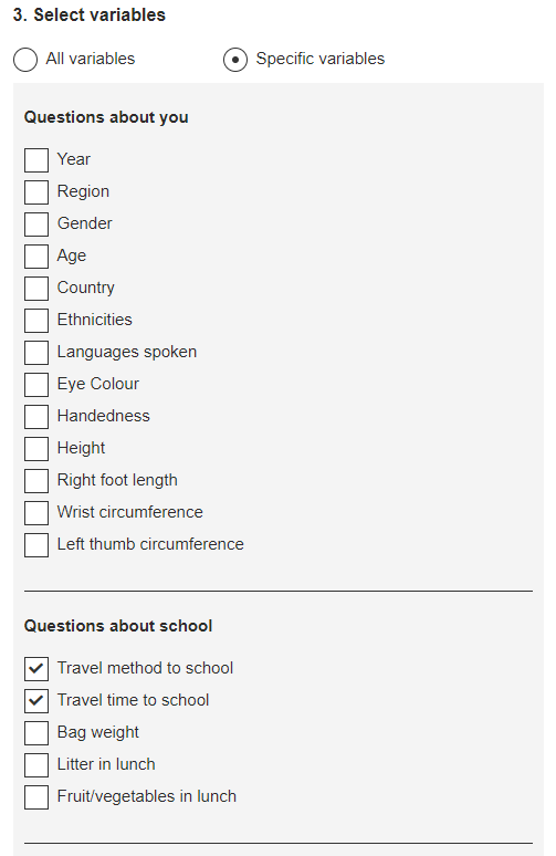 A drop-down list with a range of “Questions about you” variables.