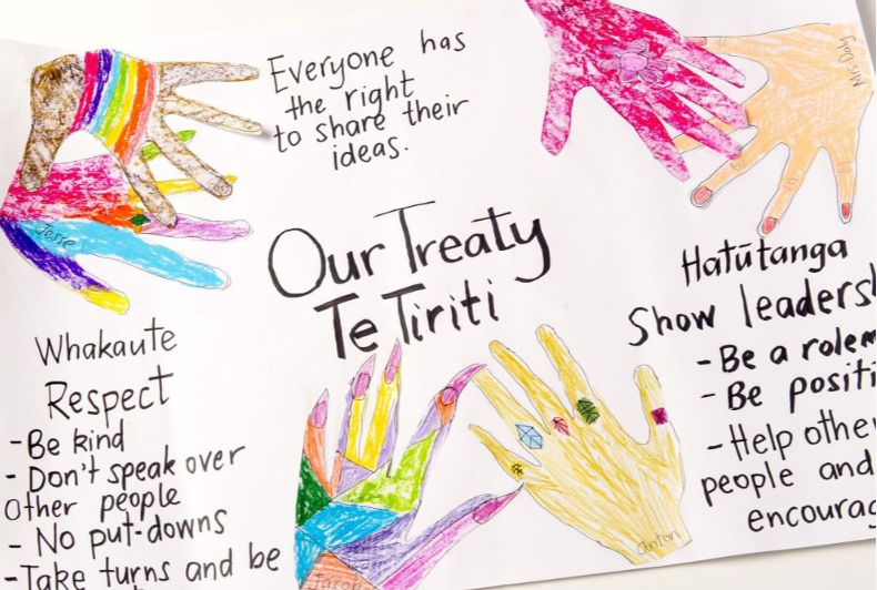 Colourful drawings of hands with "Our Treaty Te  Tiriti" written in the centre.