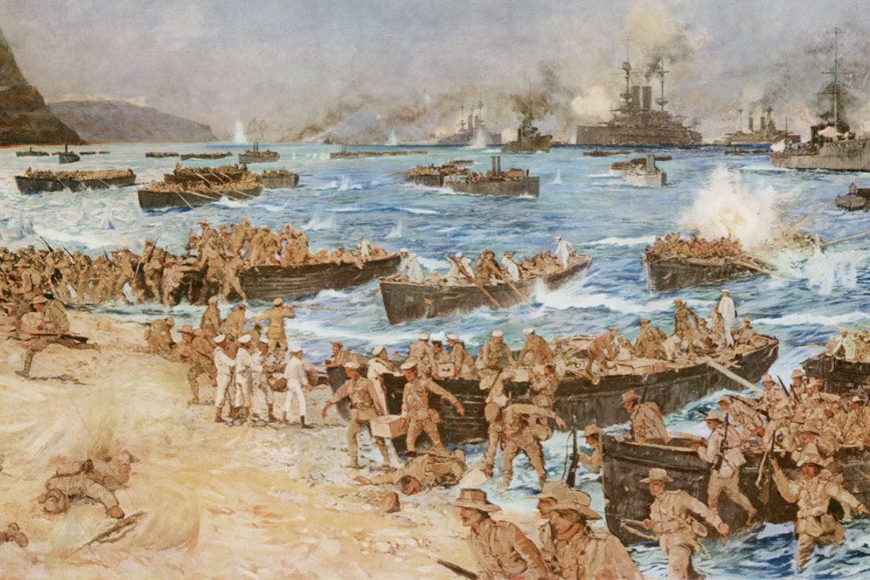 A painting of soldiers landing on a beach from boats with smoke rising in the distance near large ships.