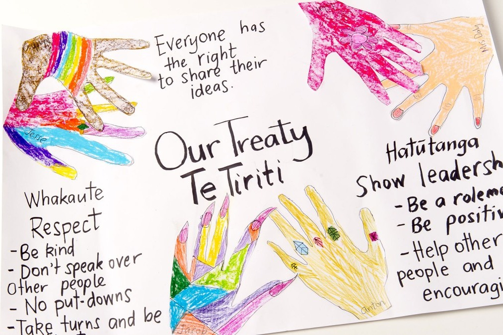 Colourful drawings of hands with "Our Treaty Te  Tiriti" written in the centre.