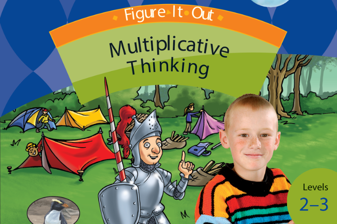 ‘Figure it out, multiplicative thinking, level 2-3' is titled in bold and illustrated with a photograph of a child smiling and an animated background of a camping ground with a smiling knight.