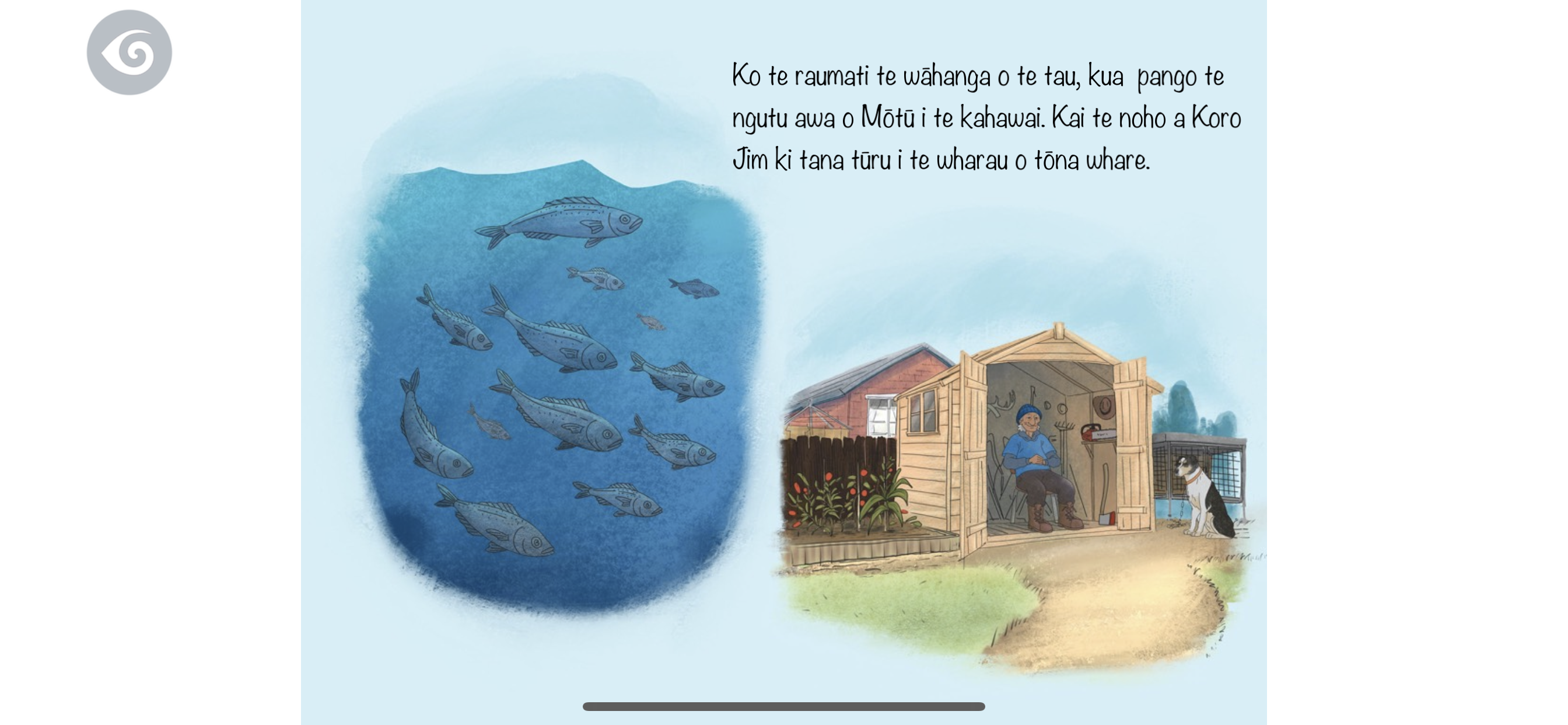 Screenshot from the app, left hand side shows fish swimming in the ocean, right hand side shows an elderly man sitting in his shed. 