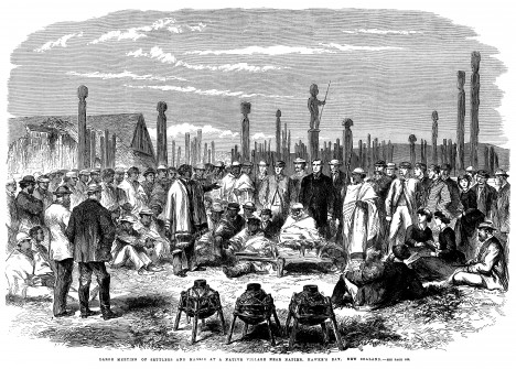 Black and white drawing of settlers and maori meeting. 