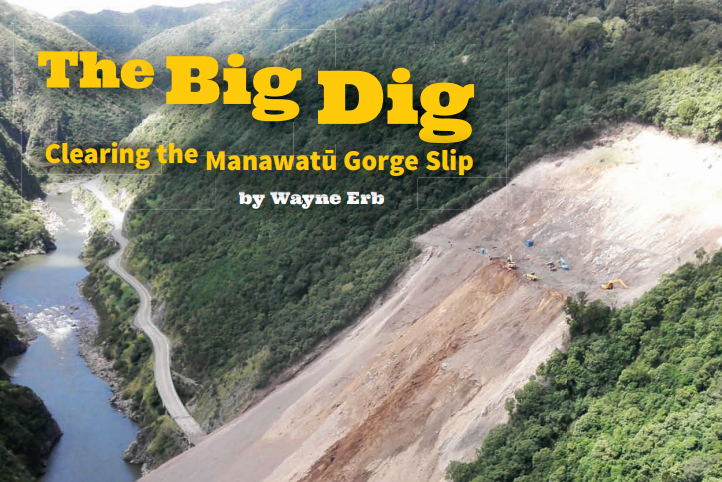 'The Big Dig: Clearing the Manawatū Gorge Slip by Wayne Erb' illustrated with a photograph of a mountainside slip.