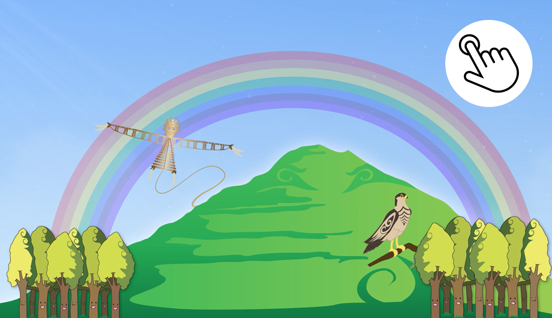 Landscape image of a mountain with trees on each side and a rainbow going across the top. There is also a bird to the right of the image and a kite to the left.