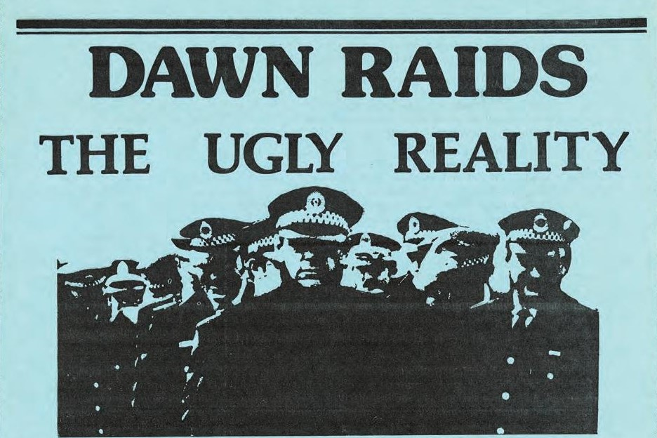 A book cover title "Dawn Raids: the ugly reality" with illustrations of police 