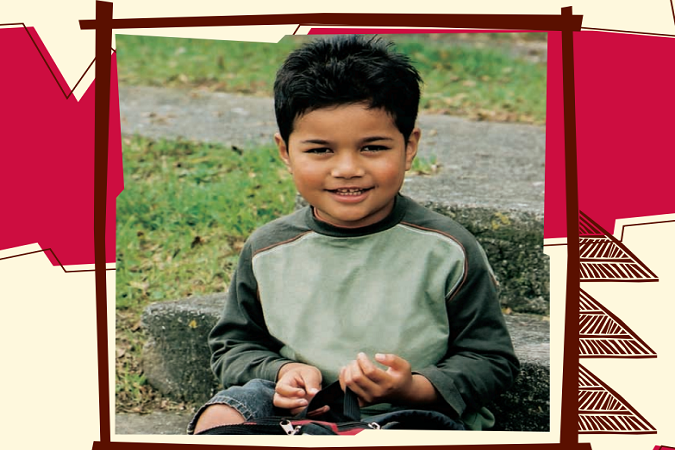 Ko 'Eku Kato Ako' by Christine Finau written in bold, illustrated with a photograph of a young tamariki sitting on the stairs with his bag smiling at the camera. 