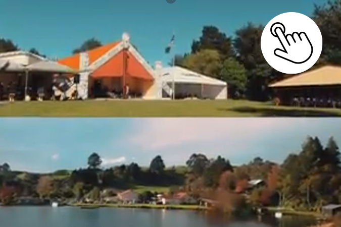 Waikato Tainui Marae and lake with prompt to click here