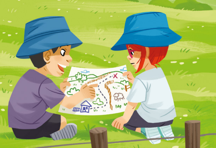 Illustration of two children looking at a map