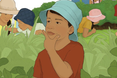 Illustration of children looking in the bushes in the background with one child thinking at the front] 